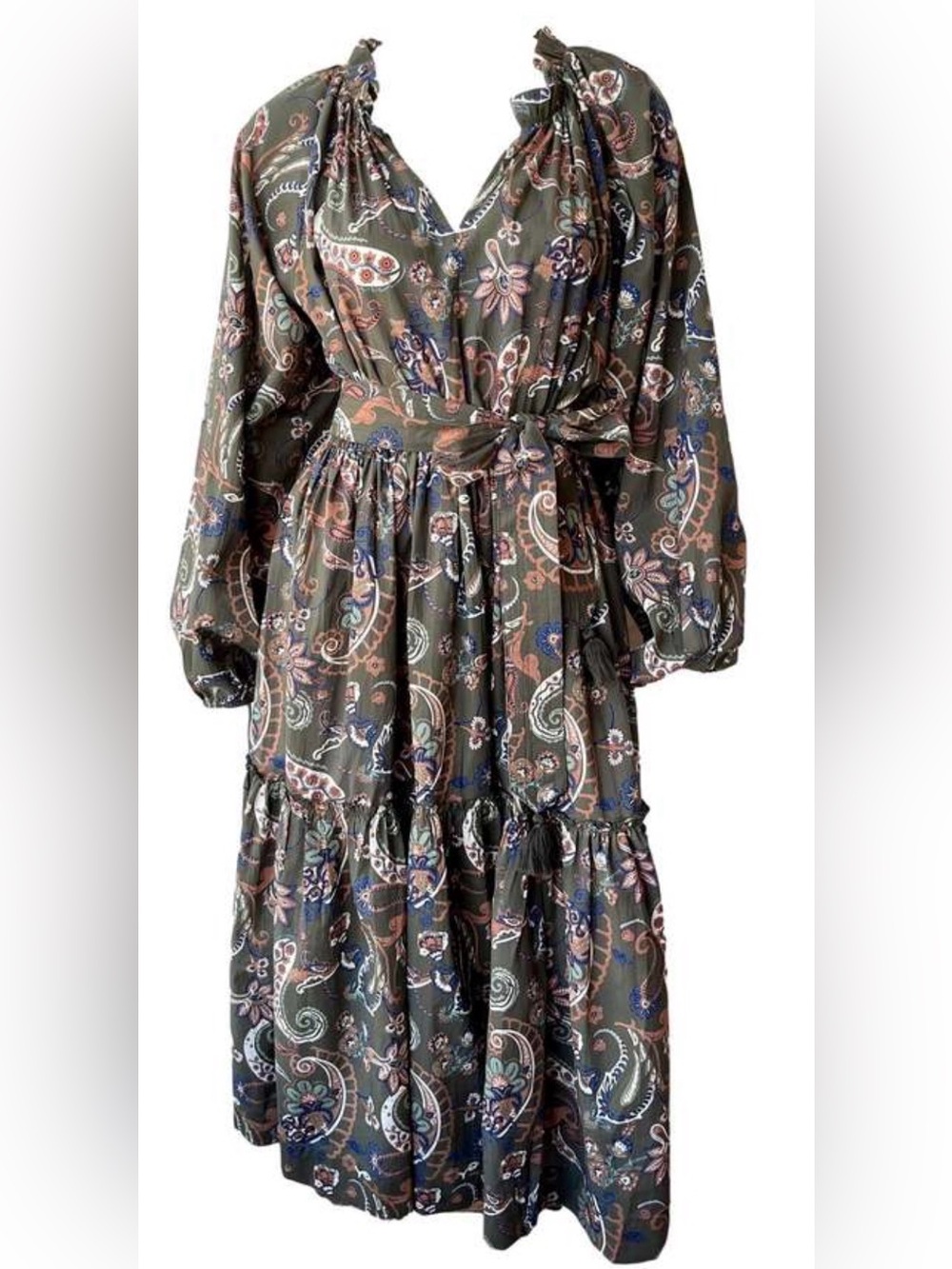 Paisley Tie-Waist Long Sleeve Maxi Skirt & Matching Blouse in Olive